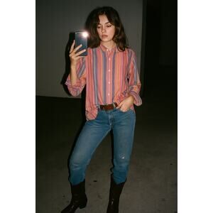 Vintage Ralph Lauren Jeans Co Pink Striped Button Down Shirt Cotton Medium